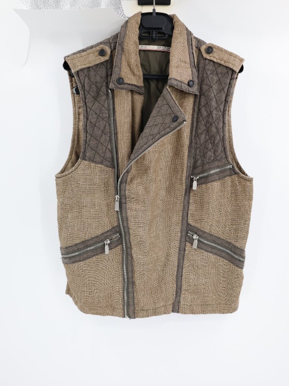 Zara Vest Men's Large Linen quilted Sleeveless Zip Up Pockets Collared field